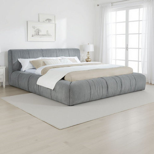 Limo King Platform Bed, Gray Upholstered Pleated Frame, Low Profile