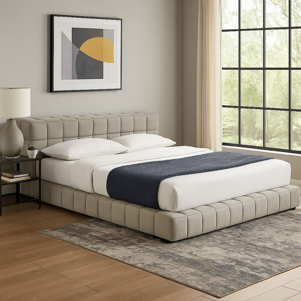 Jimo King Platform Bed, Grid Tufted Frame, Taupe Brown Upholstery