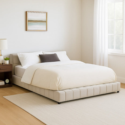 Jimo California King Platform Bed, Grid Tufted, Taupe Brown Upholstery