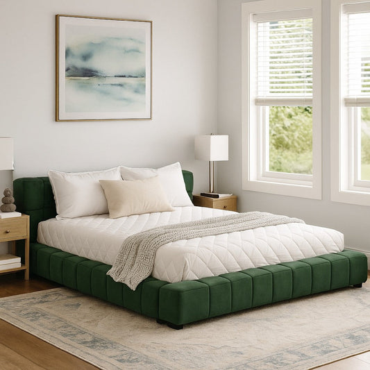Jimo King Platform Bed, Grid Tufted Frame, Emerald Green Upholstery