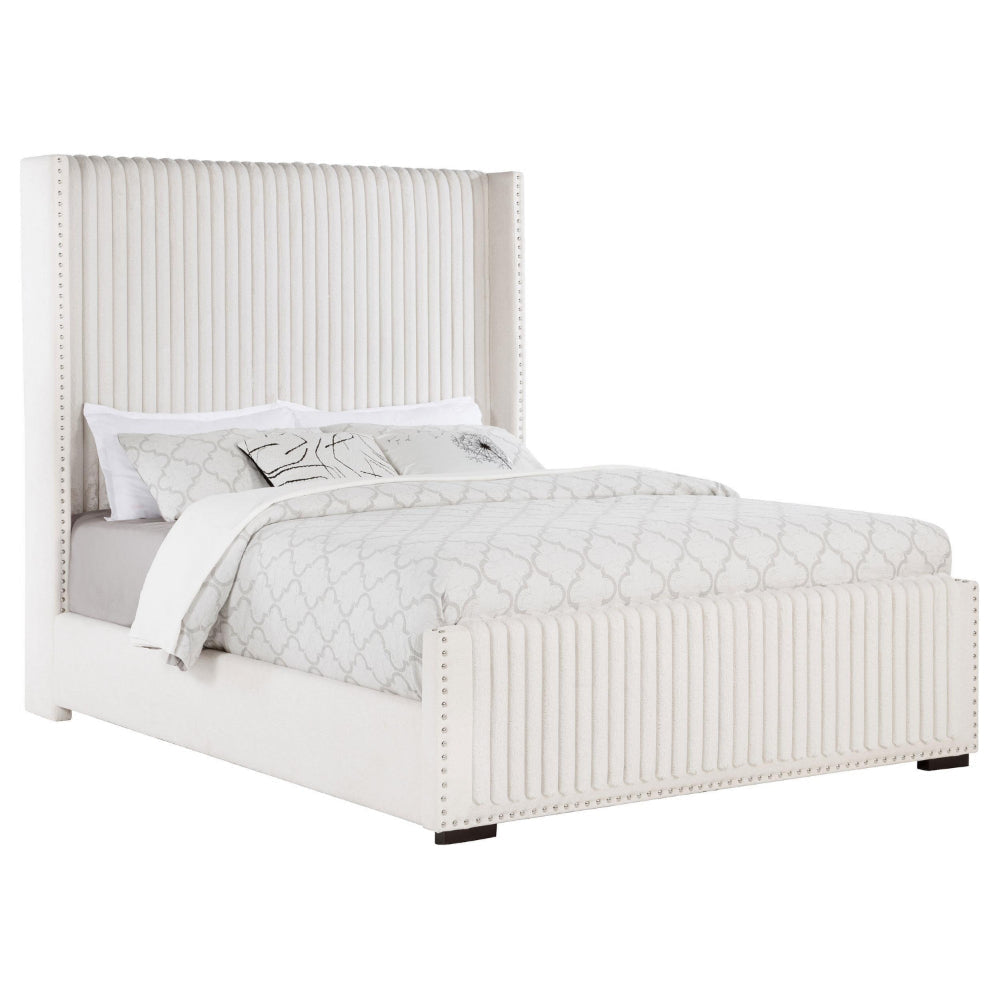 Asy Queen Bed Channel Tufted Wingback Headboard White Upholstery