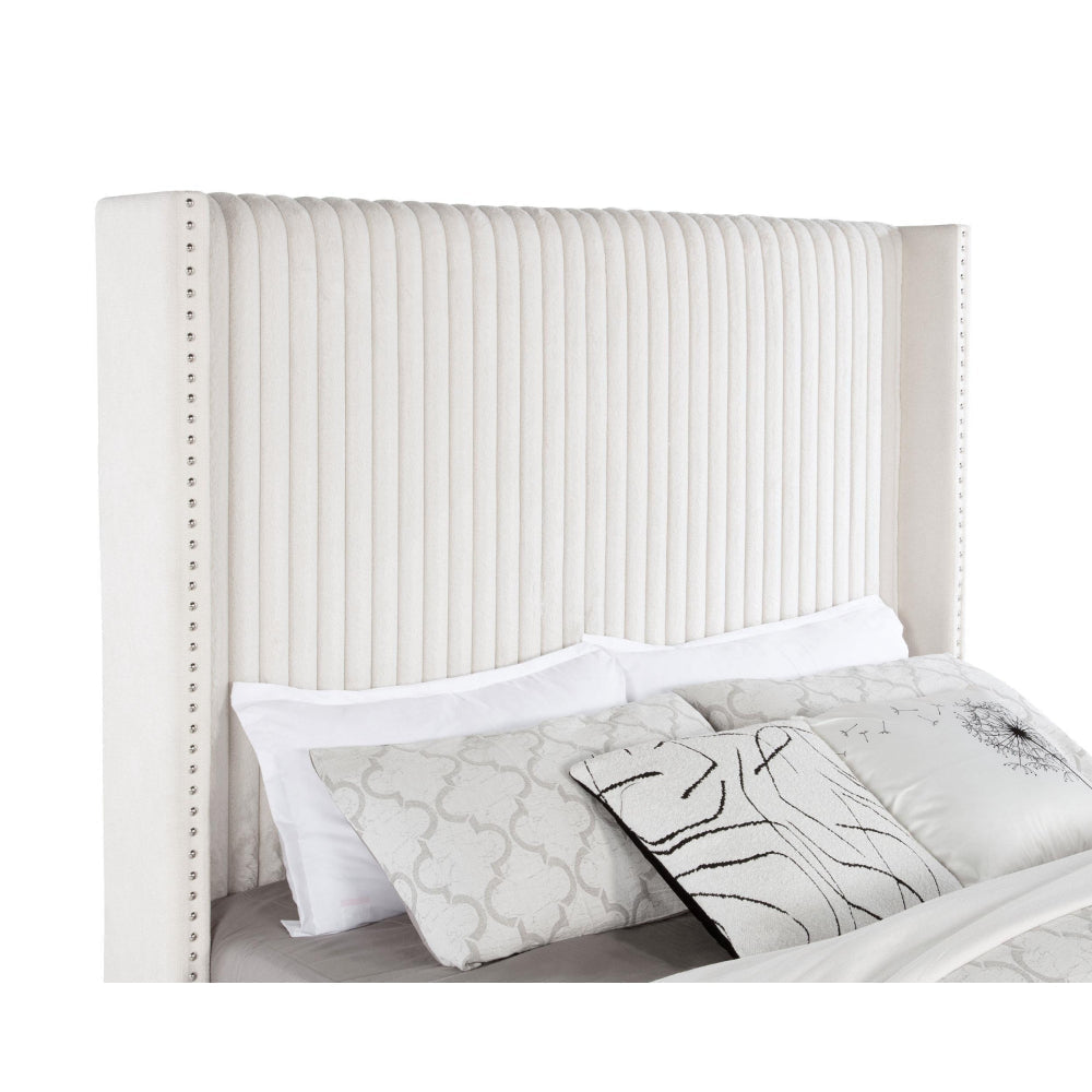 Asy Queen Bed Channel Tufted Wingback Headboard White Upholstery