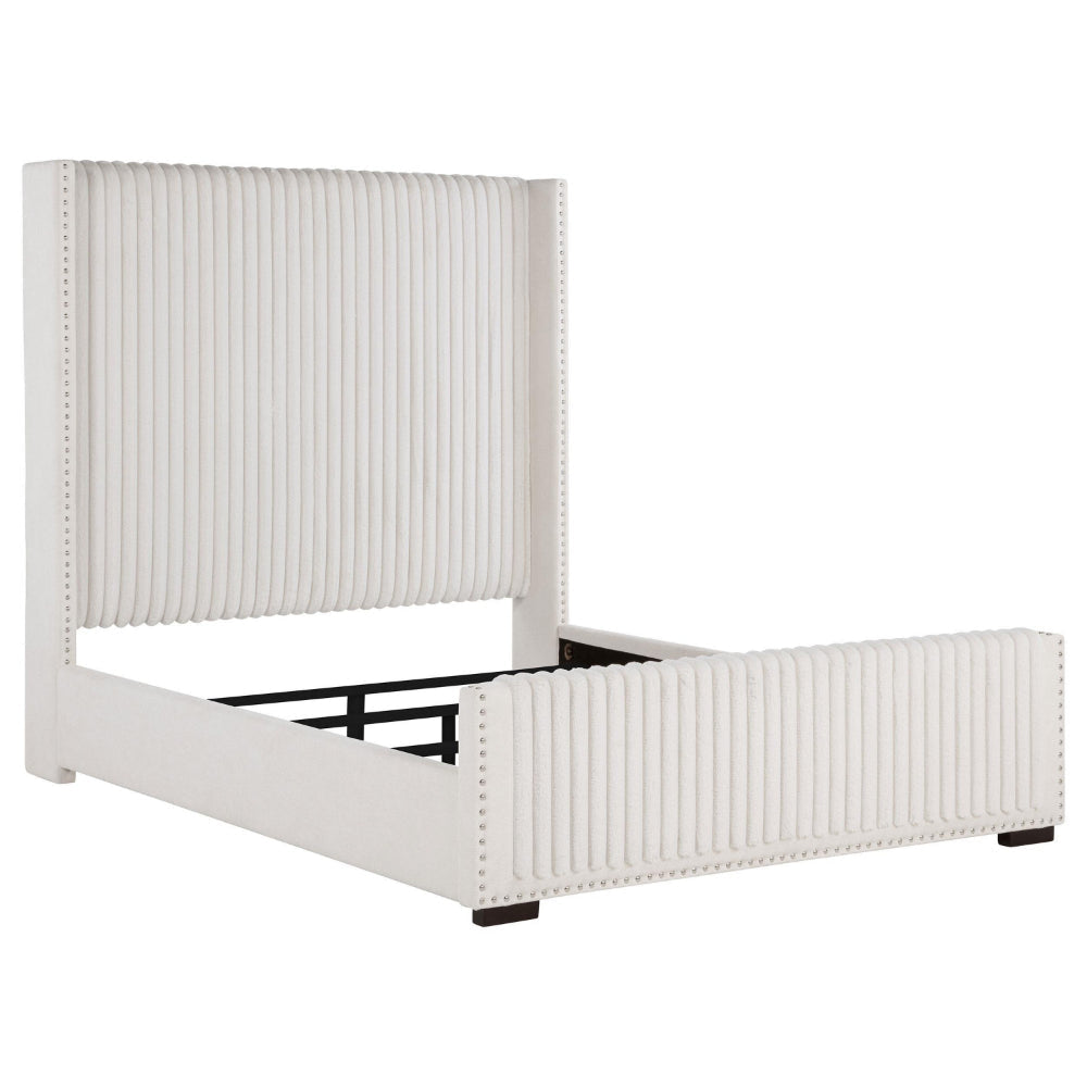 Asy Queen Bed, Channel Tufted Wingback Headboard, White Upholstery