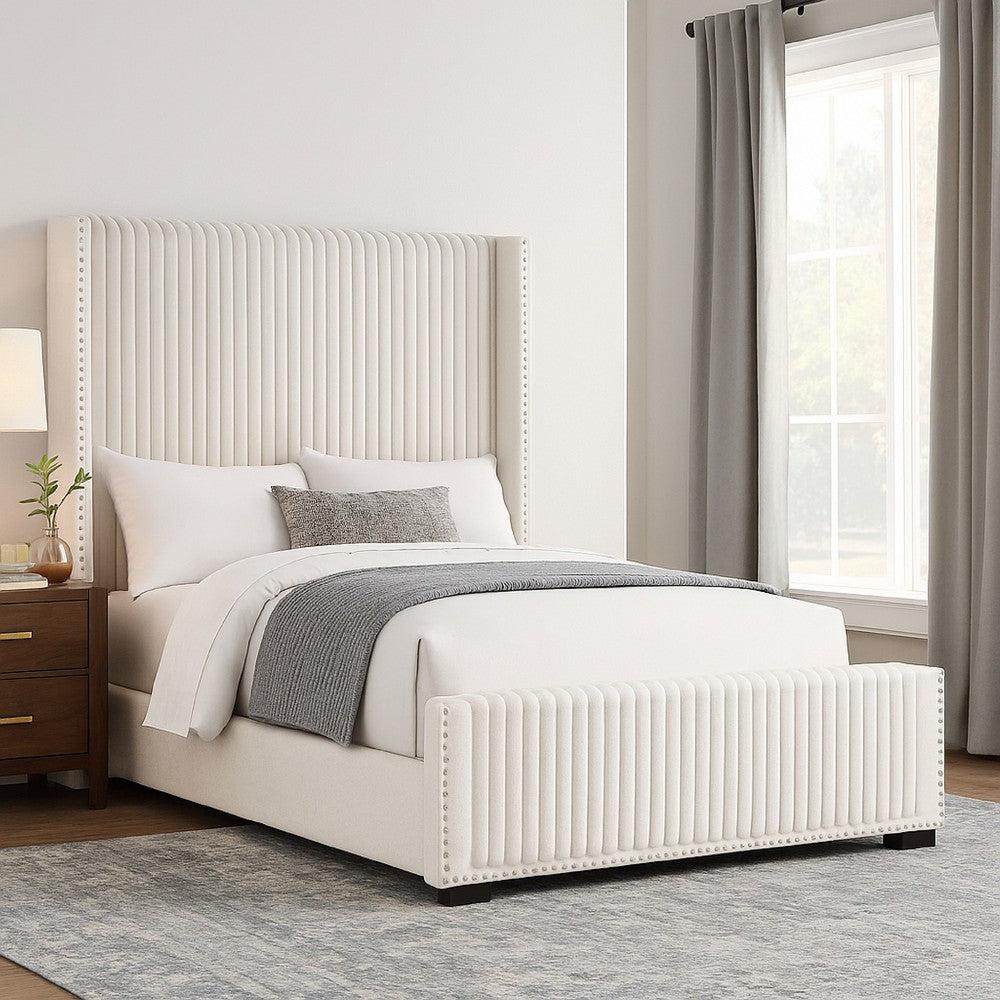 Asy Queen Bed, Channel Tufted Wingback Headboard, White Upholstery