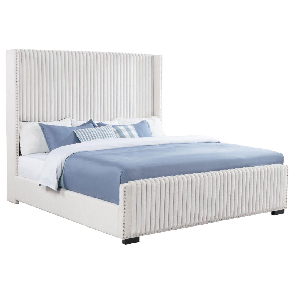 Asy King Bed Channel Tufted Wingback Headboard White Upholstery