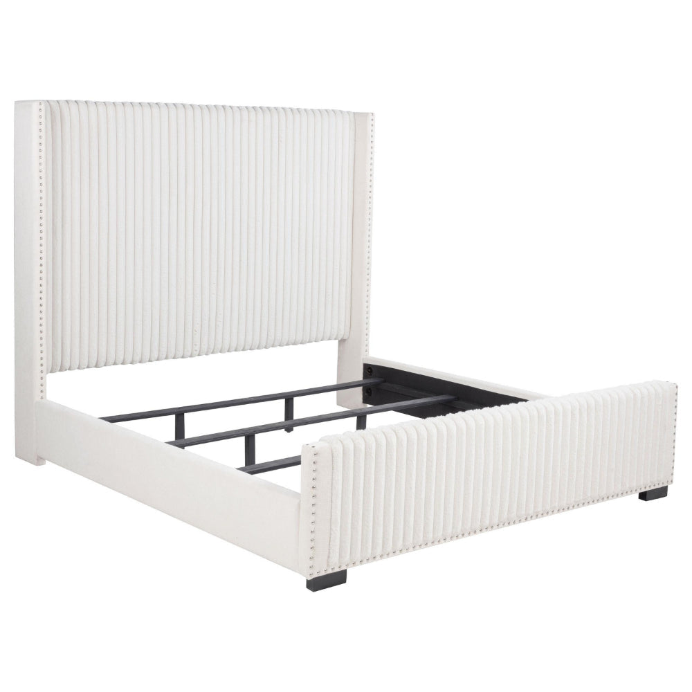 Asy King Bed, Channel Tufted Wingback Headboard, White Upholstery