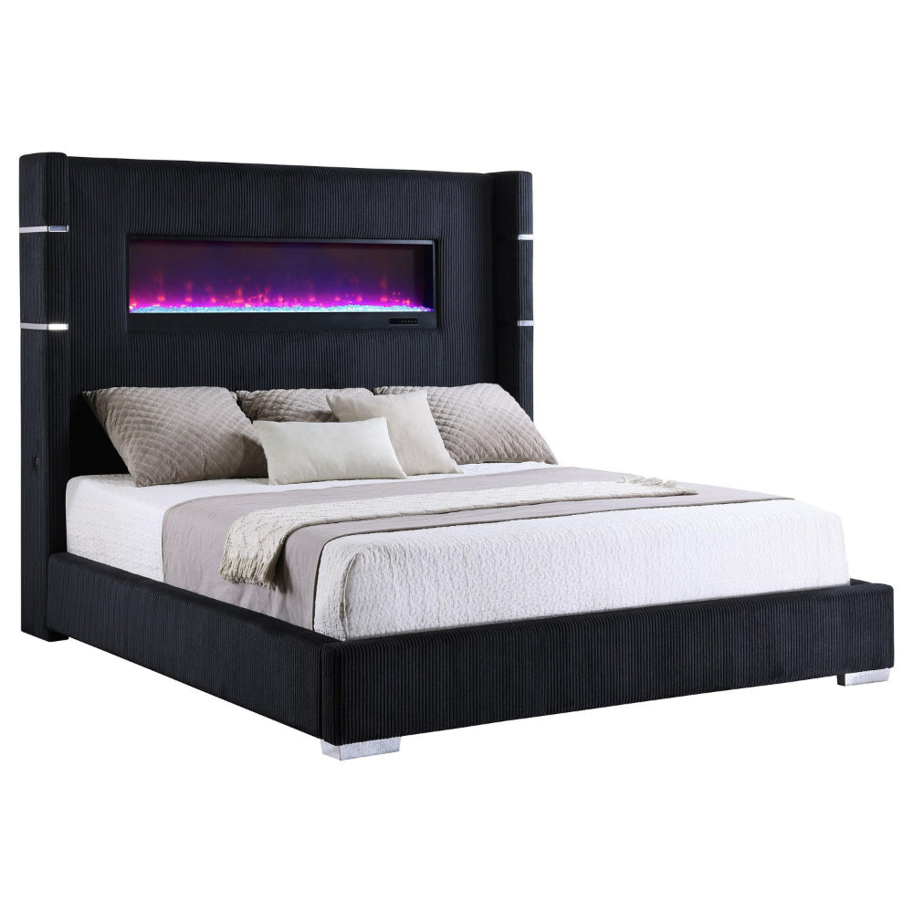 Caro Queen Bed Wingback Panel w LED Flame Black Corduroy Upholstery