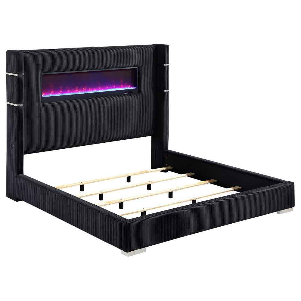 Caro Queen Bed, Wingback Panel w LED Flame, Black Corduroy Upholstery