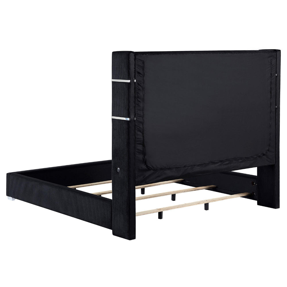 Caro King Bed Wingback Panel w LED Flame Black Corduroy Upholstery