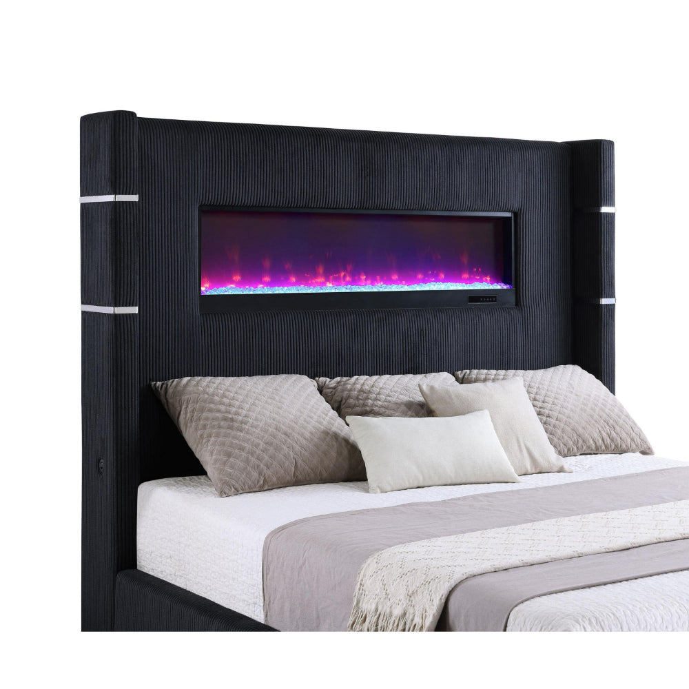 Caro California King Bed Wingback Panel w LED Flame Black Upholstery