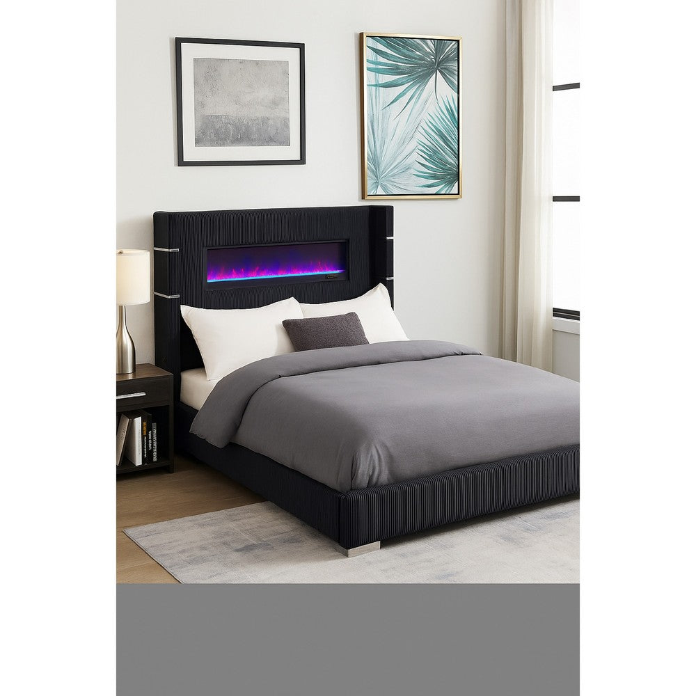 Caro California King Bed, Wingback Panel w LED Flame, Black Upholstery
