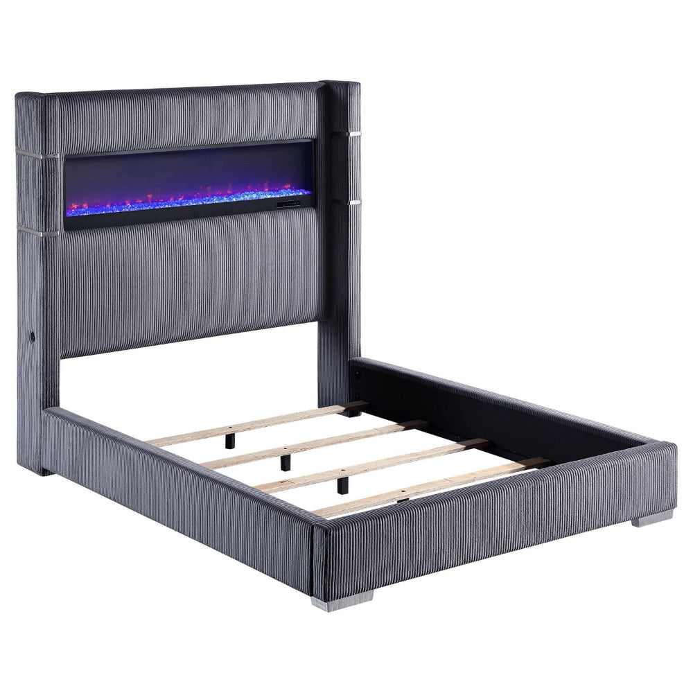 Caro Queen Bed, Wingback Panel w LED Flame, Gray Corduroy Upholstery