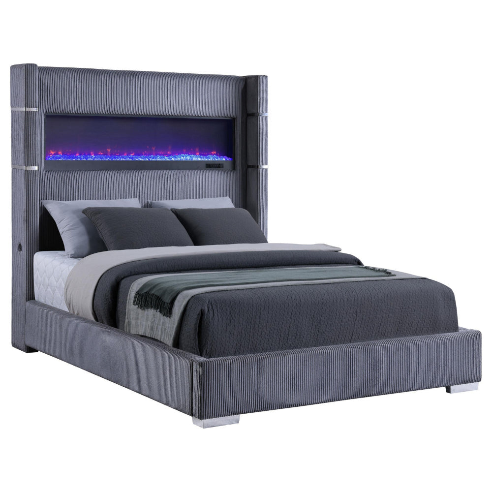 Caro Queen Bed Wingback Panel w LED Flame Gray Corduroy Upholstery