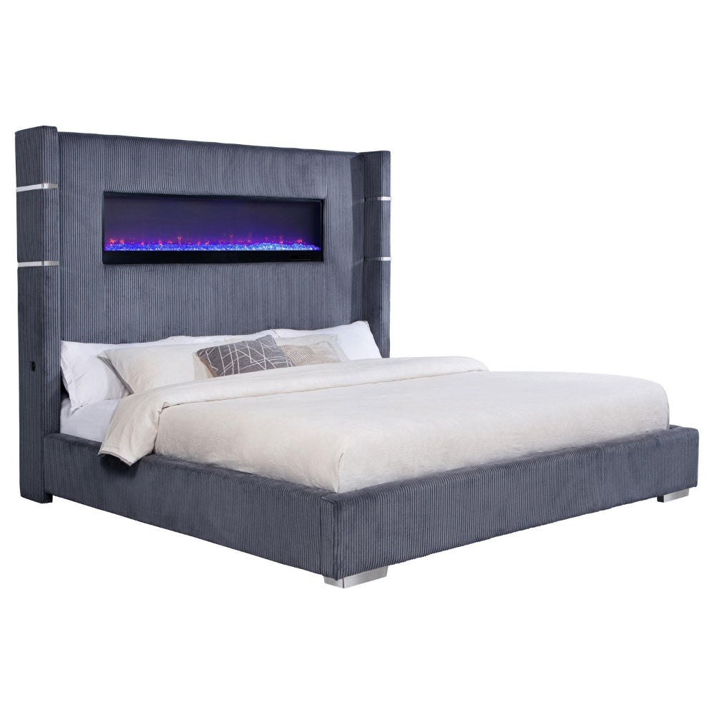 Caro King Bed Wingback Panel w LED Flame Gray Corduroy Upholstery