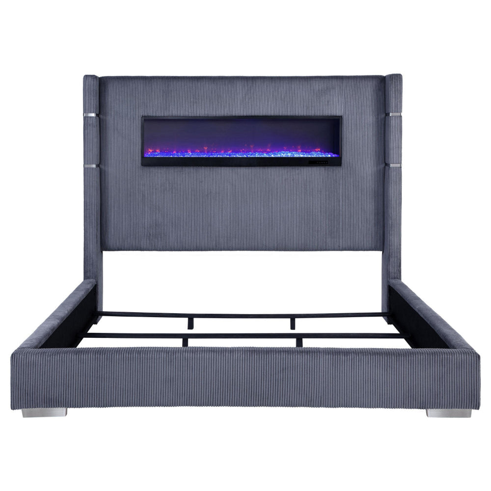 Caro King Bed Wingback Panel w LED Flame Gray Corduroy Upholstery