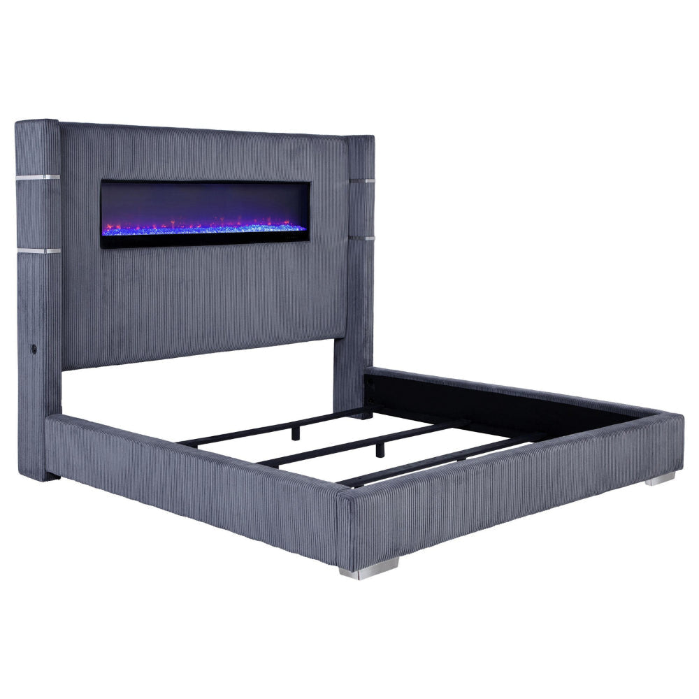 Caro King Bed, Wingback Panel w LED Flame, Gray Corduroy Upholstery
