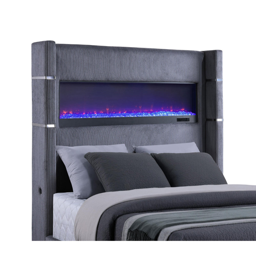 Caro King Bed Wingback Panel w LED Flame Gray Corduroy Upholstery