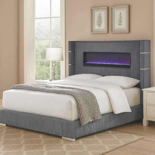 Caro King Bed, Wingback Panel w LED Flame, Gray Corduroy Upholstery