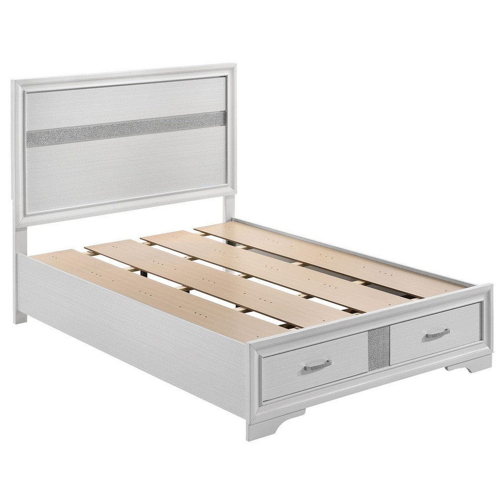 Vino 4pc Full Bedroom Set, Storage Footboard, White, Glitter Stripes