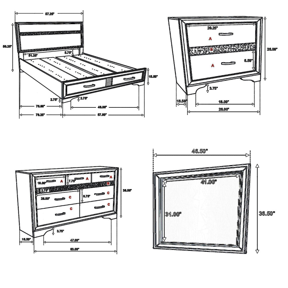 Vino 4pc Full Bedroom Set Storage Footboard White Glitter Stripes