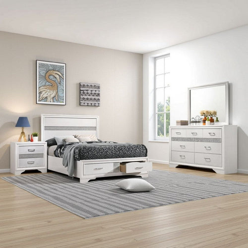 Vino 4pc Full Bedroom Set, Storage Footboard, White, Glitter Stripes