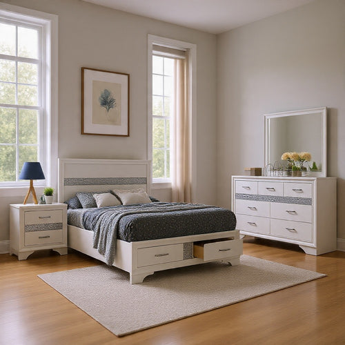 Vino 4pc Full Bedroom Set, Storage Footboard, White, Glitter Stripes