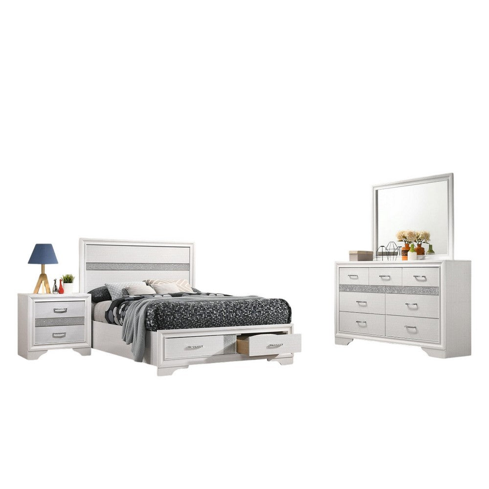 Vino 4pc Full Bedroom Set, Storage Footboard, White, Glitter Stripes