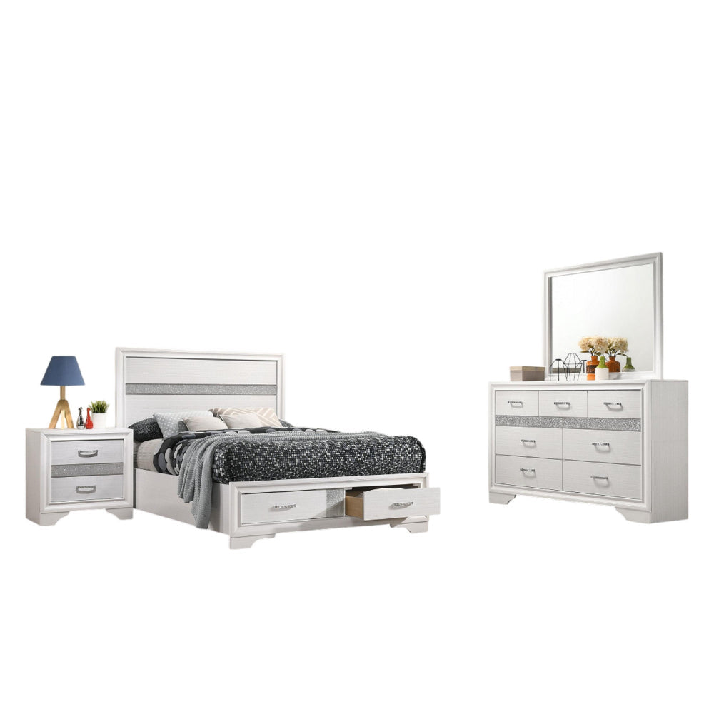Vino 4pc Full Bedroom Set, Storage Footboard, White, Glitter Stripes