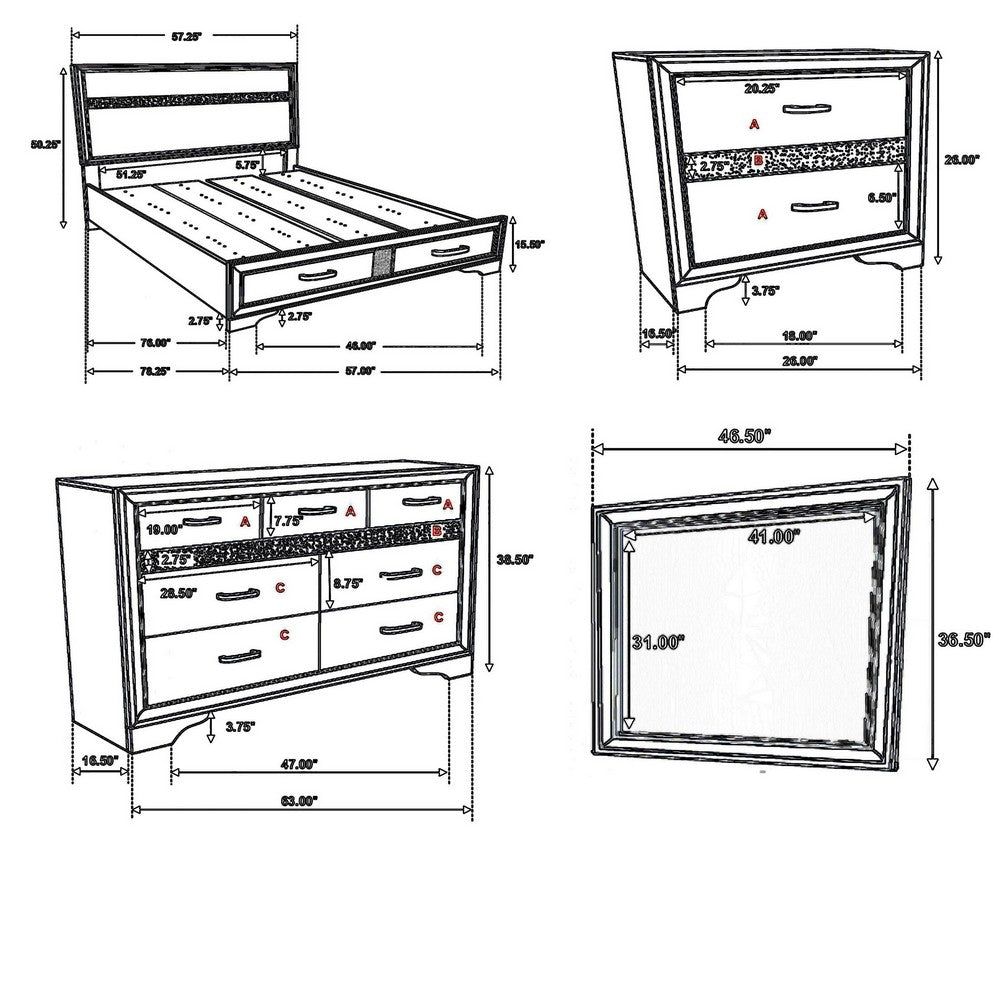Vino 4pc Full Bedroom Set, Storage Footboard, Black, Glitter Stripes