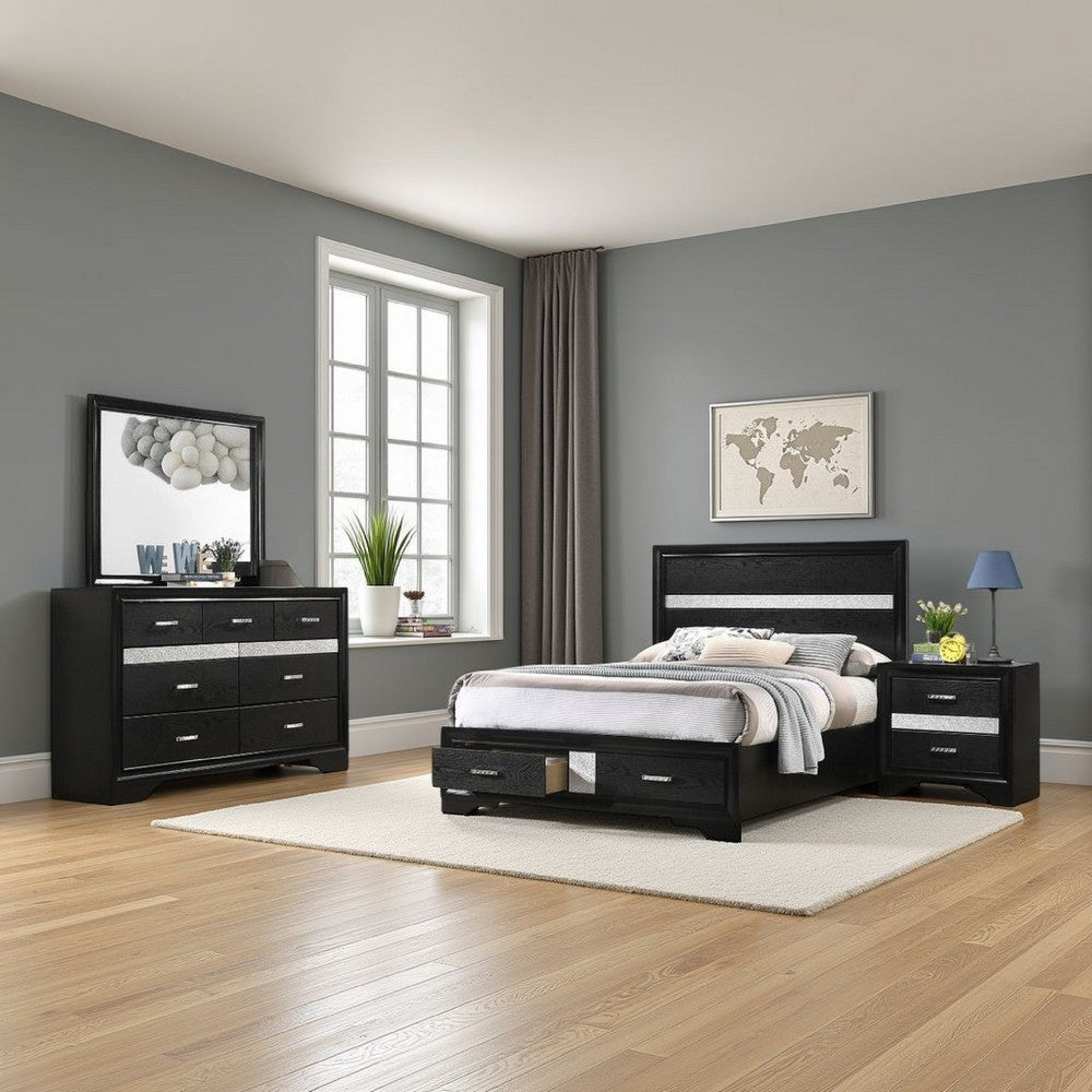 Vino 4pc Full Bedroom Set, Storage Footboard, Black, Glitter Stripes