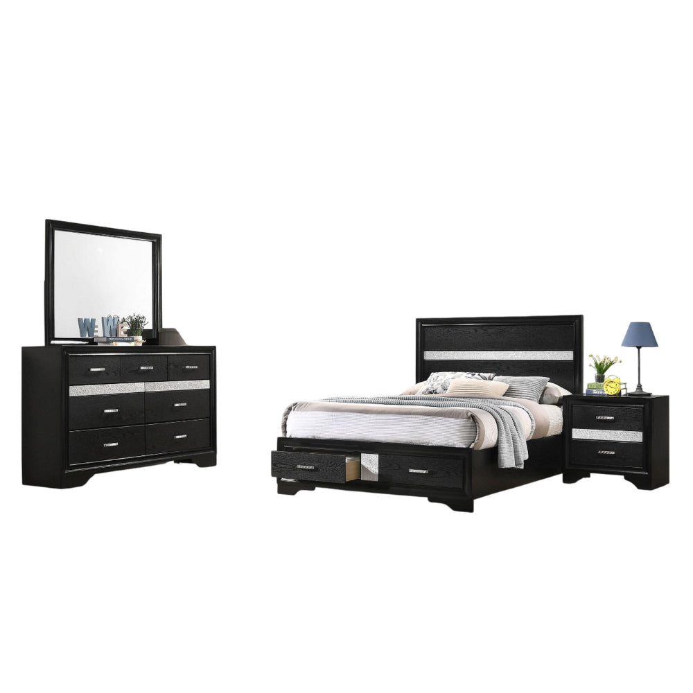 Vino 4pc Full Bedroom Set, Storage Footboard, Black, Glitter Stripes