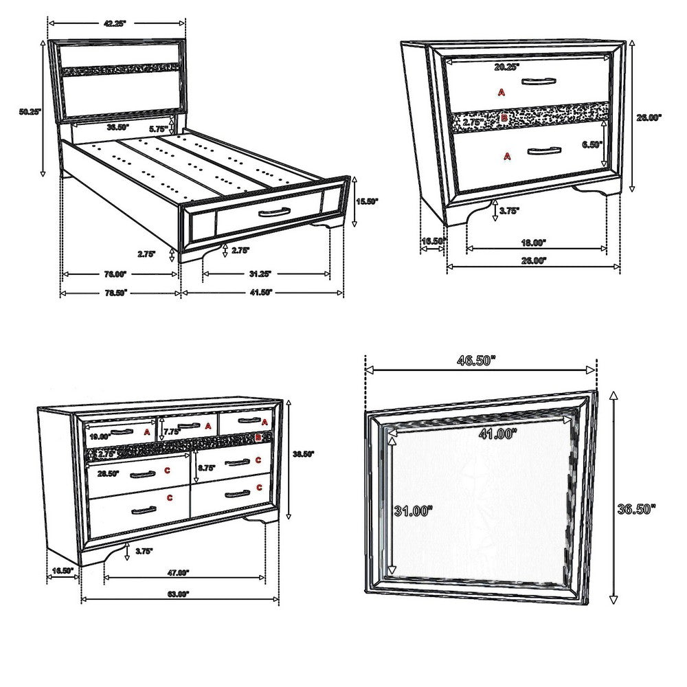 Vino 4pc Twin Bedroom Set, Storage Footboard, White, Glitter Stripes