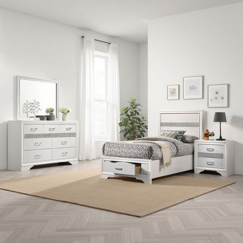 Vino 4pc Twin Bedroom Set, Storage Footboard, White, Glitter Stripes