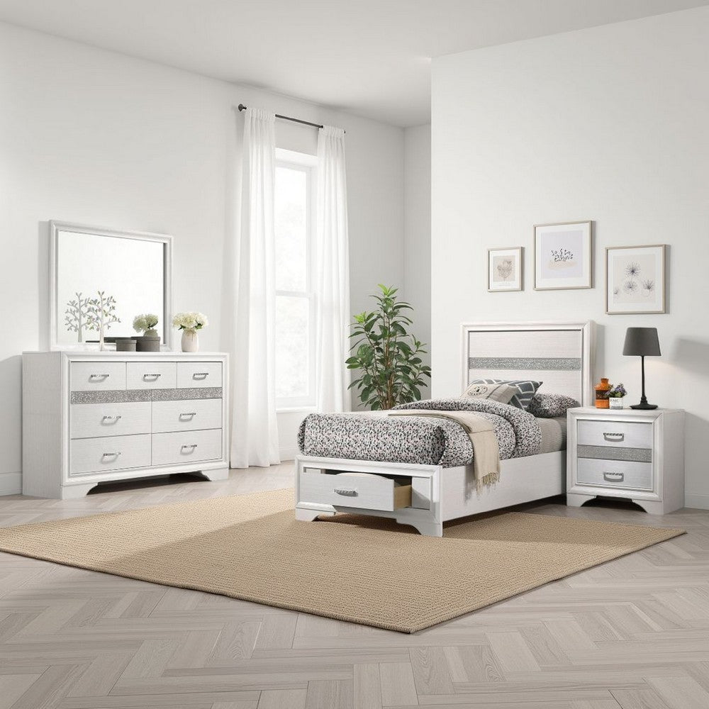 Vino 4pc Twin Bedroom Set, Storage Footboard, White, Glitter Stripes
