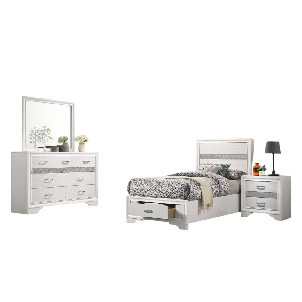 Vino 4pc Twin Bedroom Set, Storage Footboard, White, Glitter Stripes