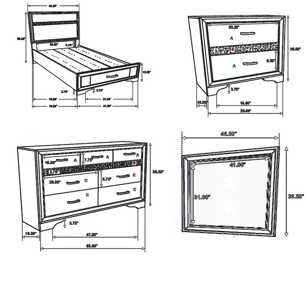 Vino 4pc Twin Bedroom Set, Storage Footboard, Black, Glitter Stripes