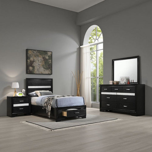Vino 4pc Twin Bedroom Set, Storage Footboard, Black, Glitter Stripes