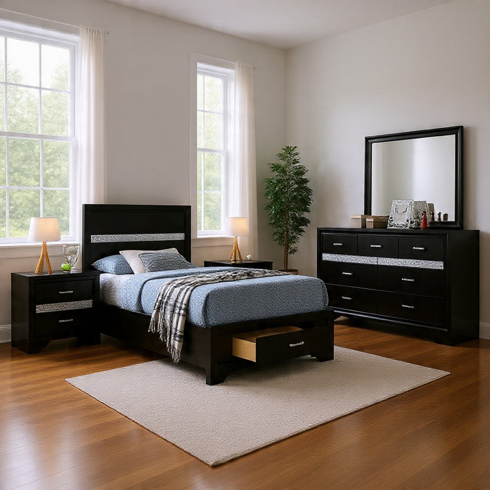 Vino 4pc Twin Bedroom Set, Storage Footboard, Black, Glitter Stripes