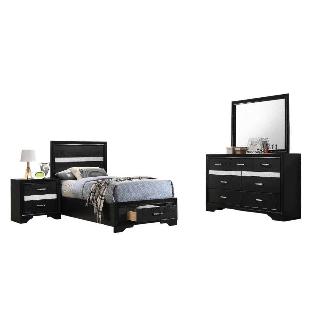 Vino 4pc Twin Bedroom Set, Storage Footboard, Black, Glitter Stripes