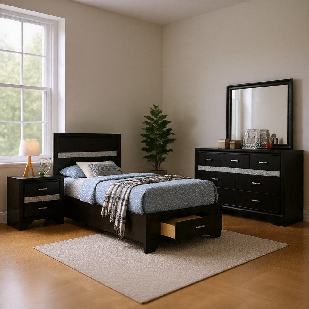 Vino 4pc Twin Bedroom Set, Storage Footboard, Black, Glitter Stripes