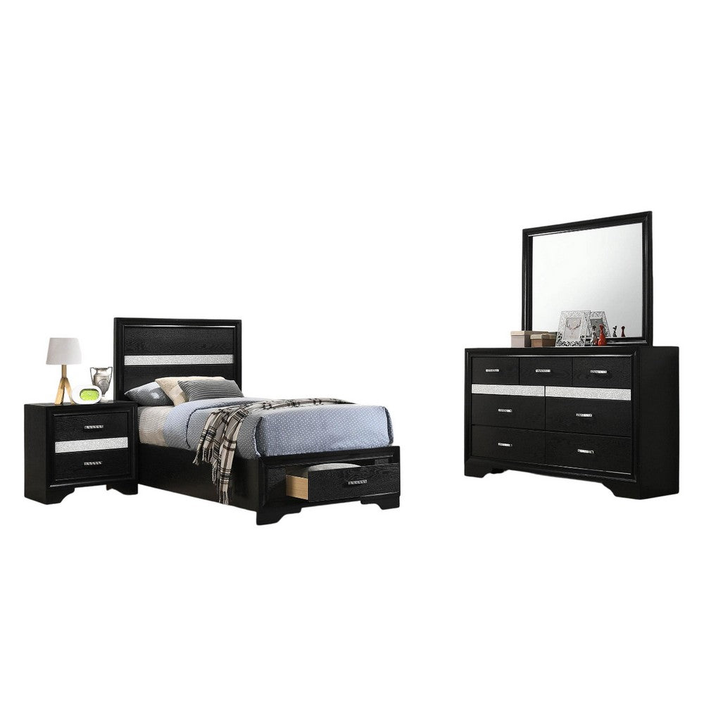 Vino 4pc Twin Bedroom Set, Storage Footboard, Black, Glitter Stripes