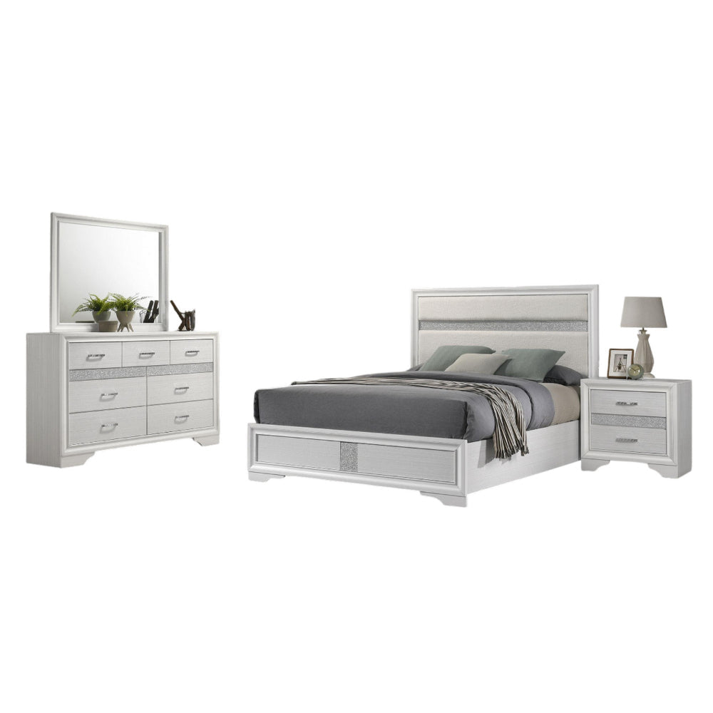 Vino 4pc Full Bedroom Set, White Upholstery, Glitter Striped Dresser