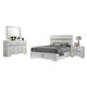 Vino 4pc Full Bedroom Set, White Upholstery, Glitter Striped Dresser
