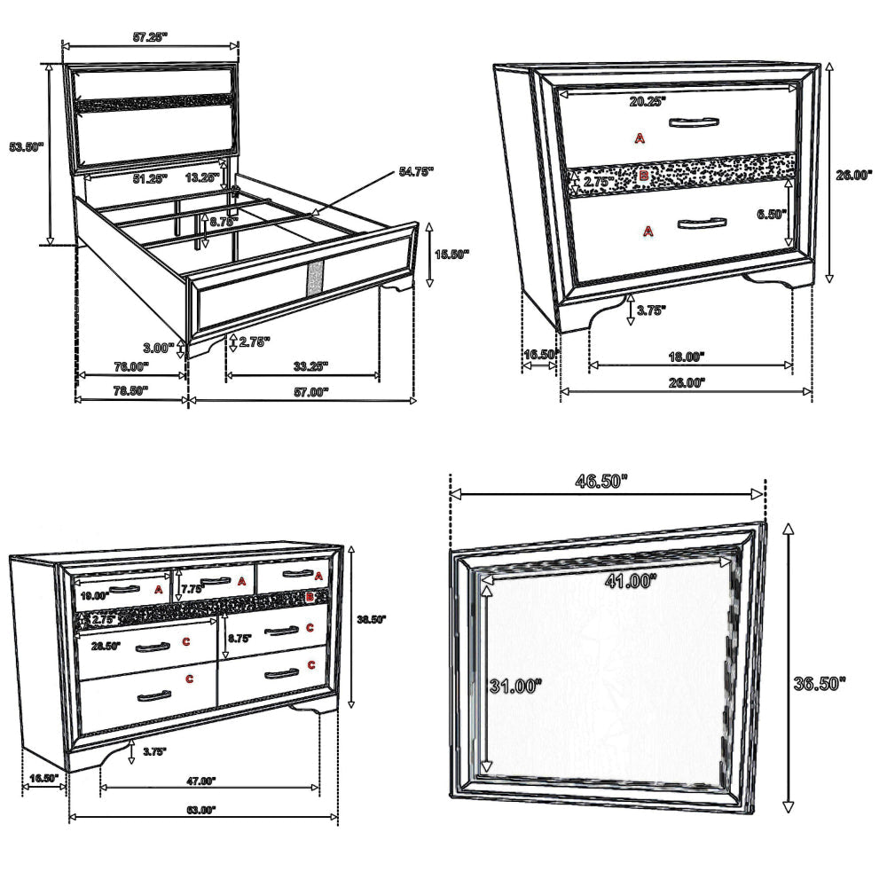 Vino 4pc Full Bedroom Set White Upholstery Glitter Striped Dresser