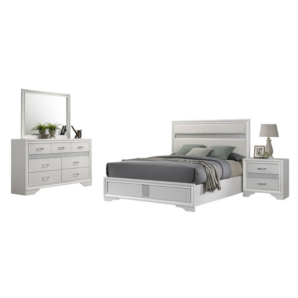 Vino 4pc Full Bedroom Set, White Upholstery, Glitter Striped Dresser