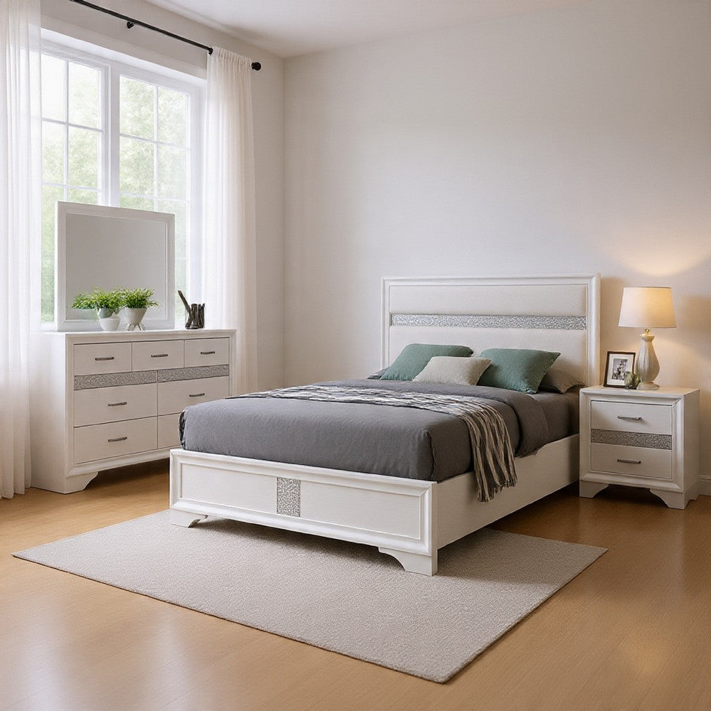 Vino 4pc Full Bedroom Set, White Upholstery, Glitter Striped Dresser