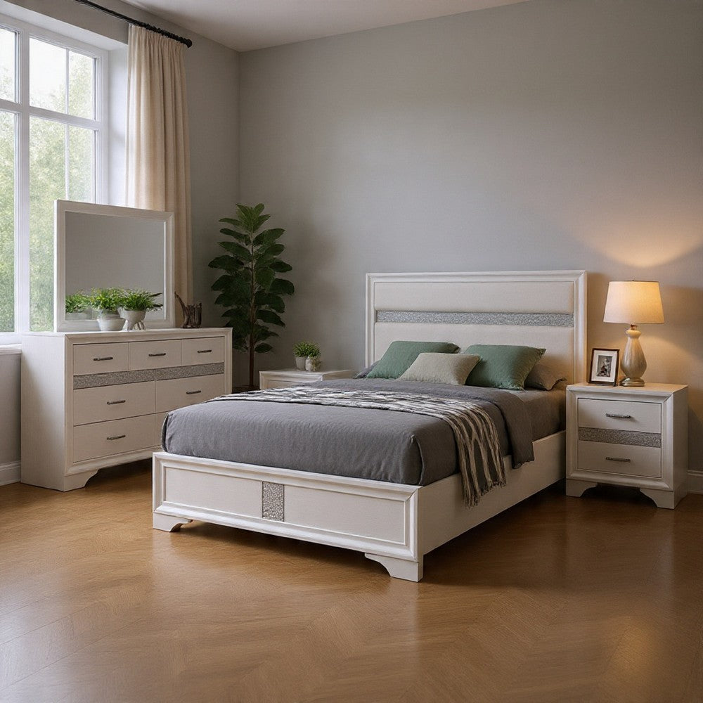 Vino 4pc Full Bedroom Set, White Upholstery, Glitter Striped Dresser