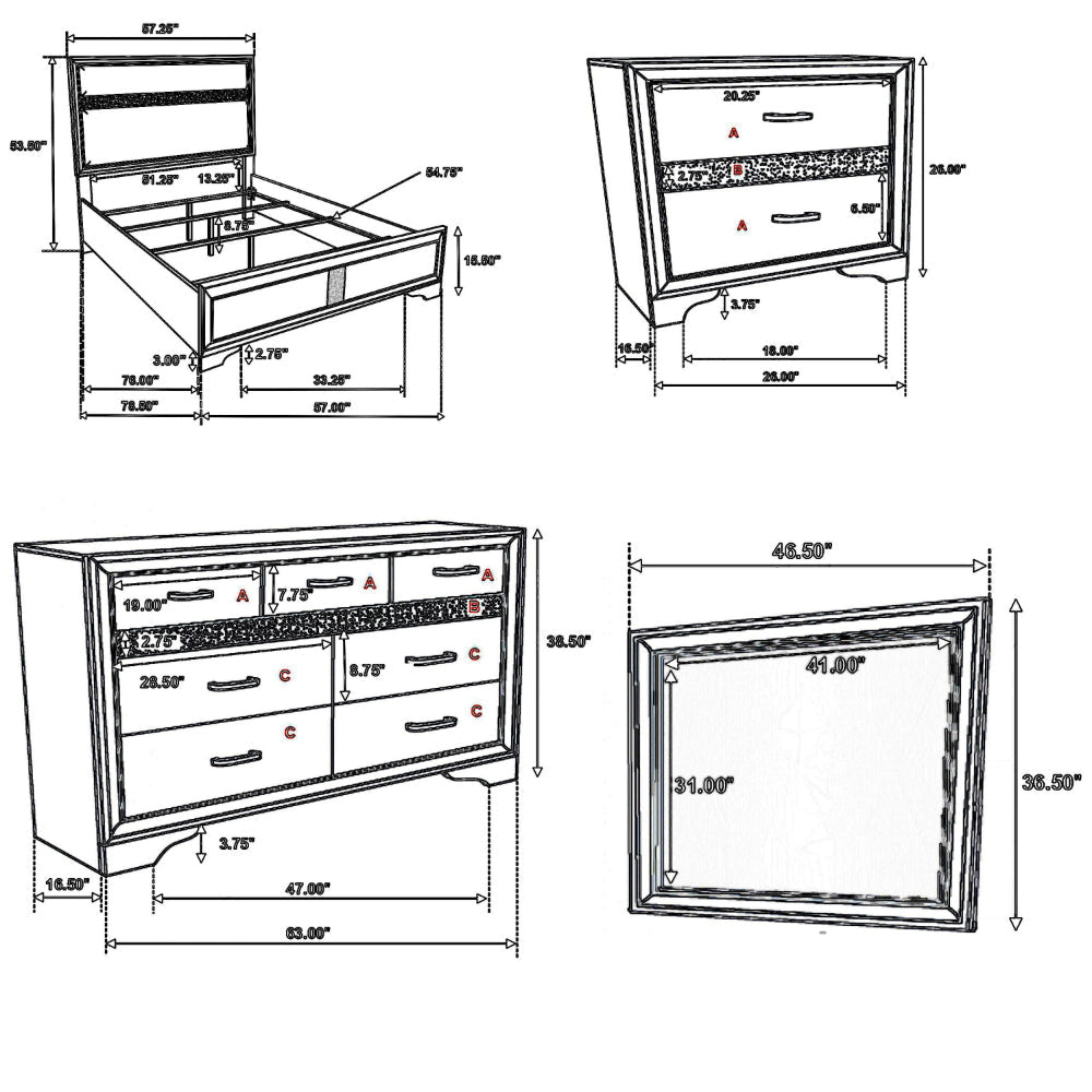 Vino 4pc Full Bedroom Set Black Upholstery Glitter Striped Dresser