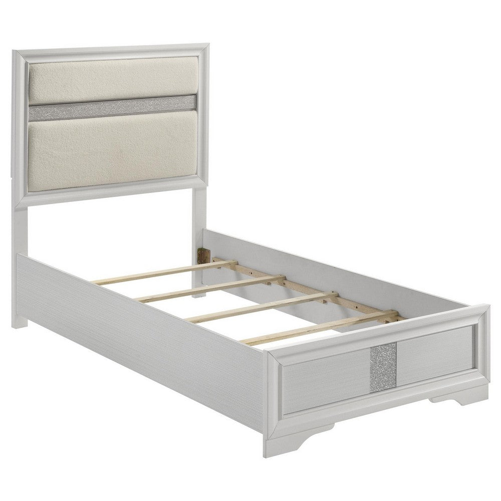 Vino 4pc Twin Bedroom Set, White Upholstery, Glitter Striped Dresser
