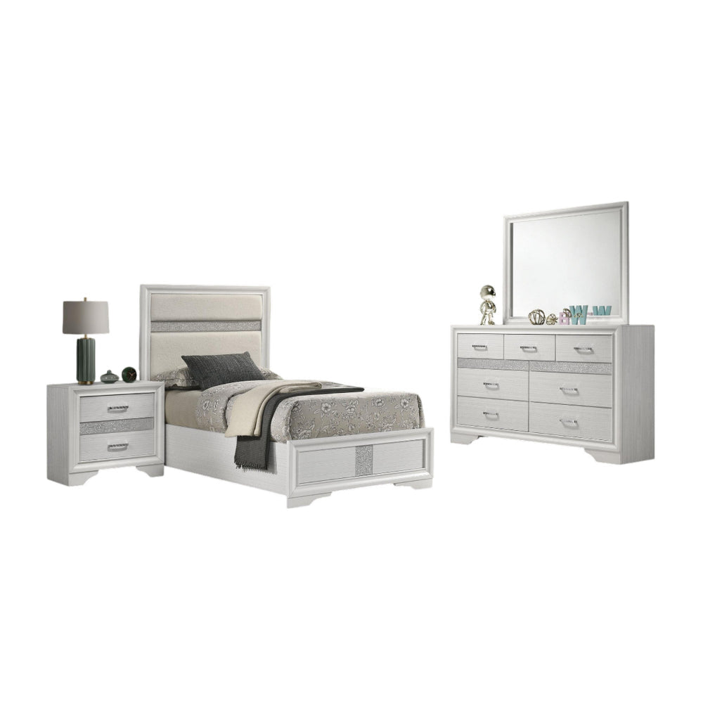 Vino 4pc Twin Bedroom Set, White Upholstery, Glitter Striped Dresser